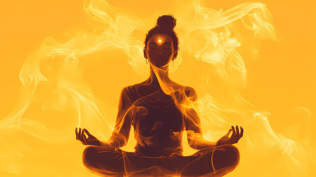 A serene character meditating with peaceful thoughts illustrated as smoke, set against a warm yellow background. Zenith. Illustration