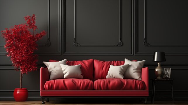 Bold interior design with a black sofa and red wall, creating a striking modern contrast. Ideal for dramatic home decor.