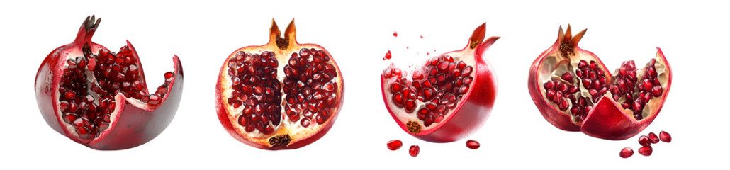A pomegranate is displayed in various stages of being cut open, showcasing its vibrant red seeds...