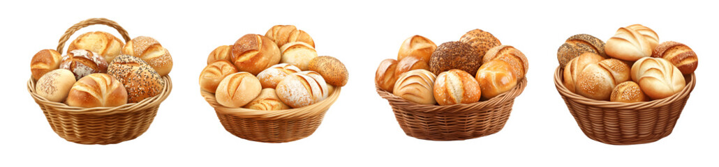 A collection of woven baskets filled with assorted golden-brown bread rolls showcasing various textures and patterns.