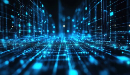 Fototapeta premium Abstract digital landscape with glowing blue lines and points creating a futuristic network, symbolizing technology, data flow, and connectivity in a digital world.