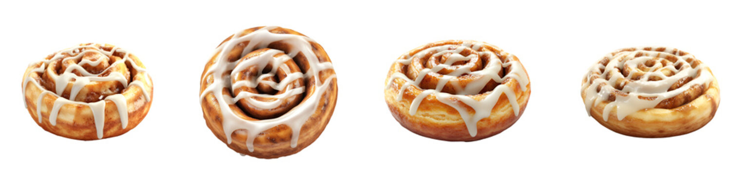A series of four cinnamon rolls with icing, showcasing their spiral shape and golden-brown textures.
