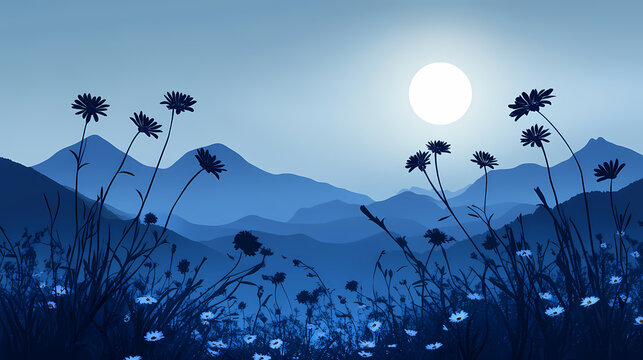Silhouette of flowers against moonlit mountains backdrop. Zenith. Illustration