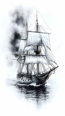 Black and white drawing of a historic sailing ship at sea with smoke.