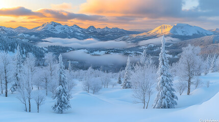 Breathtaking sunrise over snow-covered mountain range.