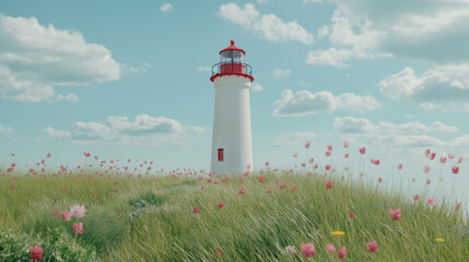 A white lighthouse surrounded by flowers under clear skies.
