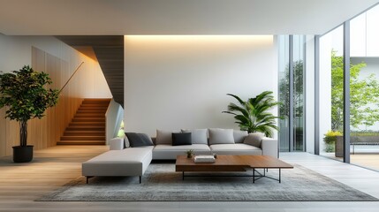 Fototapeta premium A living room with a white couch and a plant in a basket