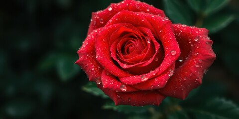 Vivid red valentine rose covered in dew drops, symbolizing love and romance, drops
