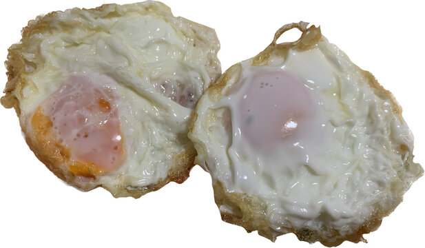 Two Thai style Fried eggs isolate on white background, deef fried egg crispy outside and soft inside