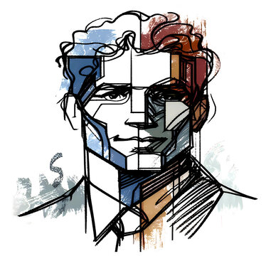 recommend clip art: Cubist man portrait abstract colorful line art, face, dynamic blue and red accents vibrant mixed elements. contemporary bold outline sketch transparent.
                    