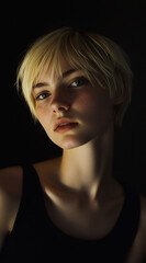 Fototapeta premium A thin young blonde woman with short hair looking at the camera on a black background. 
