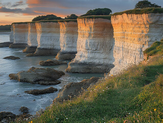 Fototapeta premium Coastal cliffs at sunset, showing layers of rock and vegetation.