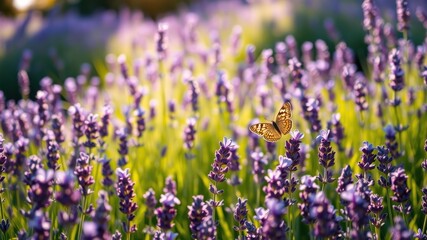 A single butterfly soars through a field of lavender, bathed in the warm glow of sunlight.