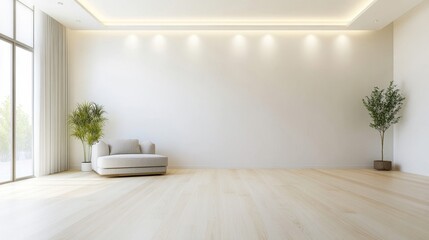 A large, empty room with a wooden floor and white walls