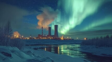 A nuclear plant illuminated by the northern lights

