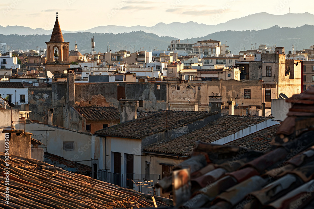 Sticker Sunset over urban rooftops and distant mountains