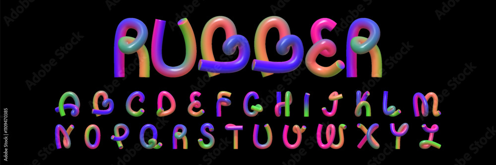 Fototapete 3d font in the shape of a curved rubber hose. a creative set of 3d english letters with a reflective