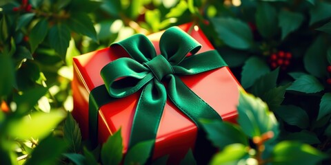 A vibrant red gift box adorned with a lush green bow, carefully concealed amidst a verdant foliage, ready to unveil its surprise.