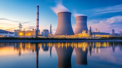 Fototapeta premium A Nuclear Power Station with Cooling Towers Against a Cloudy Sky