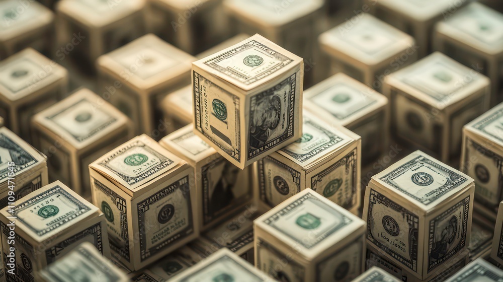 Aufkleber close-up of numerous dollar bill cubes arranged in a grid pattern, with a focus on a few cubes in th