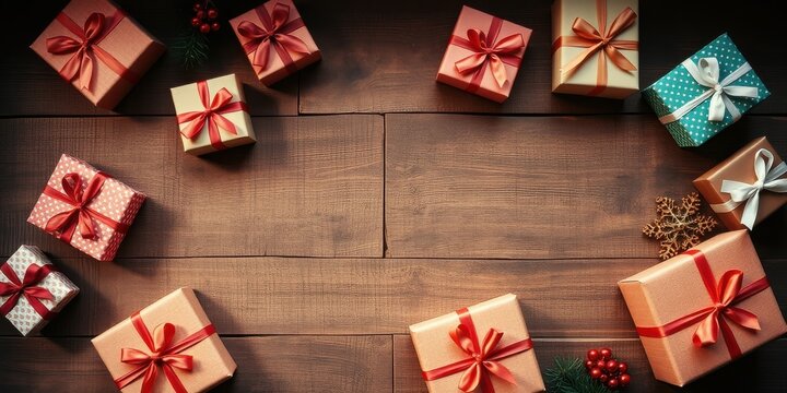 Gift boxes arranged in a circular pattern on a wooden surface, creating a festive and celebratory ambiance