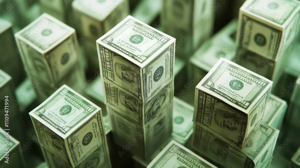 Poster close-up of numerous dollar bill cubes forming a city-like structure, reflecting on a shiny surface.