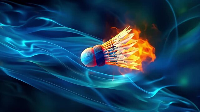 A dynamic image of a shuttlecock soaring through colorful flames and waves of smoke, symbolizing energy and motion.
