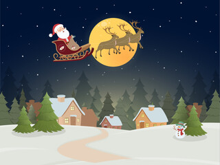 Fototapeta premium night snow santa clause and reindeer cute on the blue night sky winter snowman background illustration