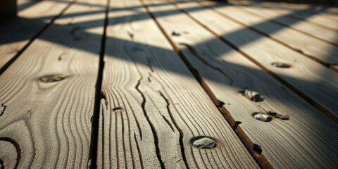 Obraz premium A close-up shot of weathered wooden planks with natural knots, showcasing the textured surface and the soft light illuminating the wood grain