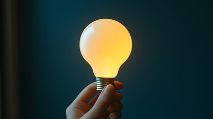 Hand holding a glowing light bulb against a dark background showcasing creativity and innovation
