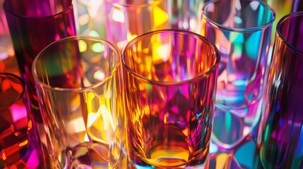 Colorful glass tumblers in vibrant light.