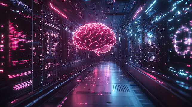 Creative visualization of an artificial intelligence concept in a futuristic digital corridor. Generative AI