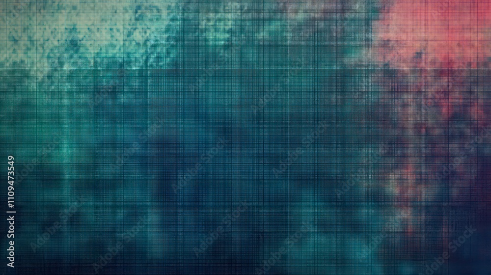 Poster abstract textured background with teal, blue, and red hues and grid overlay.