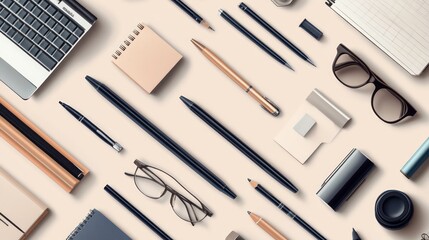 Flat lay of office supplies, stationery, and technology on a beige background, arranged in a geometric pattern.
