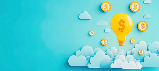 Light bulb with dollar sign floating above clouds generating money ideas