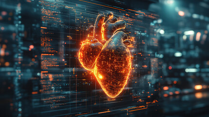 Digital heart representation showcasing technology and health advancements in a futuristic environment. Generative AI