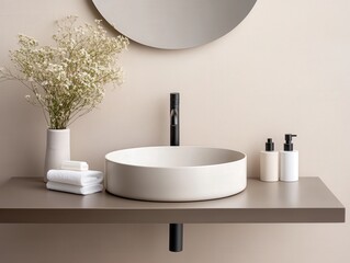 Elegant and Minimalist Bathroom Sink with Modern Decor Elements, Featuring Soft Textures, Clean Lines, and Fresh Floral Arrangement in a Relaxed Ambiance