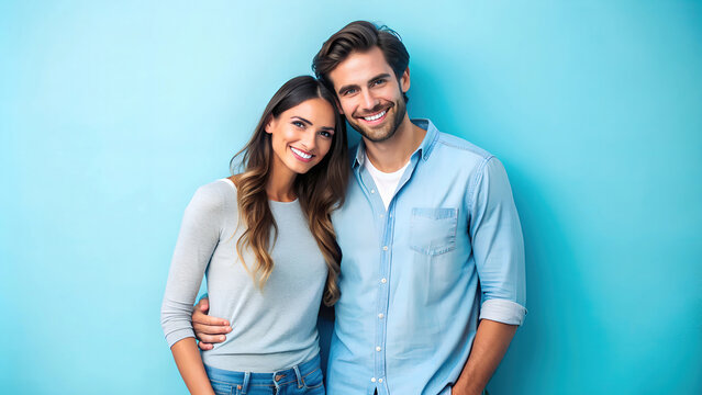 Portrait of a cheerful young Caucasian couple embracing and smiling against a bright blue background, exuding happiness and love. - Powered by Adobe