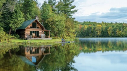 Obraz premium Tranquil Lakeside Retreat, a peaceful cabin by the water, surrounded by nature, ideal for relaxation and reflection, offering a perfect escape from daily life.
