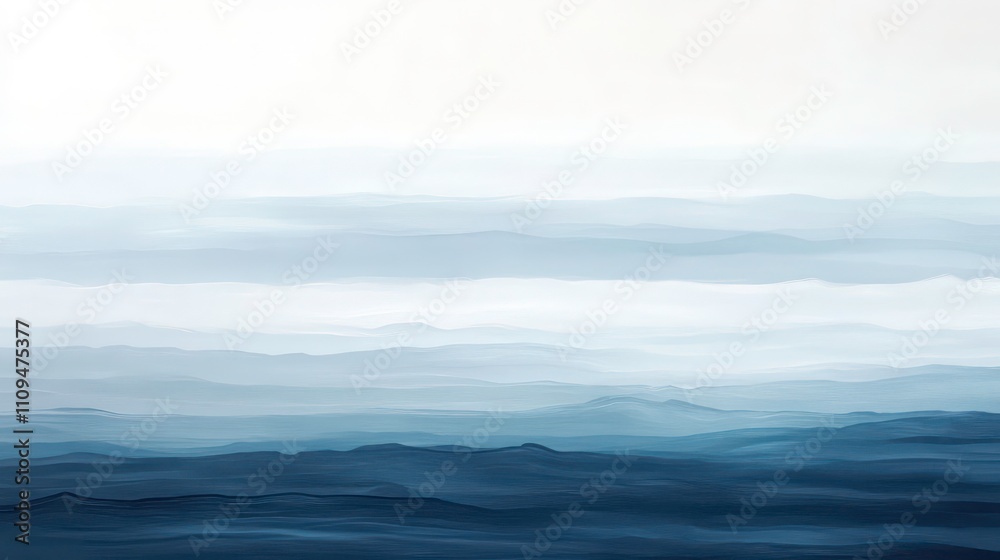 Aufkleber serene misty mountain range landscape in shades of blue, creating a tranquil and atmospheric scene.