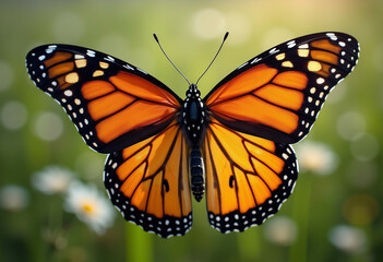 Fototapeta premium A vibrant Monarch butterfly with striking orange and black wings poised in a sunlit meadow.