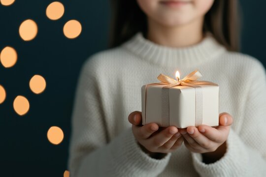 gift giving in romantic setting, a lovely woman with a graceful present in a chic room surrounded by twinkling candles and fairy lights creating a romantic ambiance