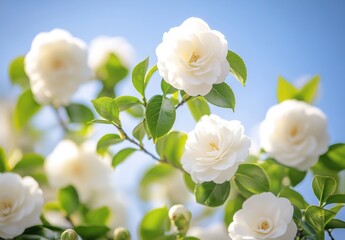 Obraz premium Beautiful White Camellia Flowers Blooming Against a Clear Blue Sky with Green Leaves, Exuding Serenity and Elegance in Springtime Nature