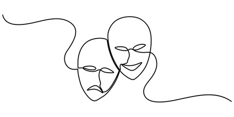 Theater Sign Line Icon Editable Stroke, Greek mask one line drawing, opera event symbols continuous hand drawn, mask one line vector isolated design element, Theater Mask: Comedy and tragedy masks. 