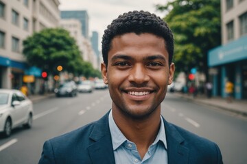 Fototapeta premium Close portrait of a smiling young Fijian businessman looking at the camera, Fijian big city outdoors blurred background