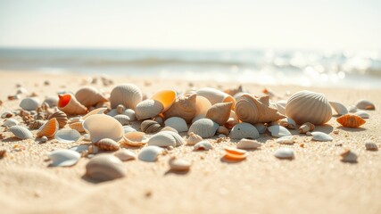 A scattering of seashells on a golden sand beach with the glistening ocean in the background.
