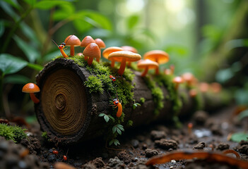 Fototapeta premium Orange mushrooms cluster on mossy log with tiny ants crawling around.