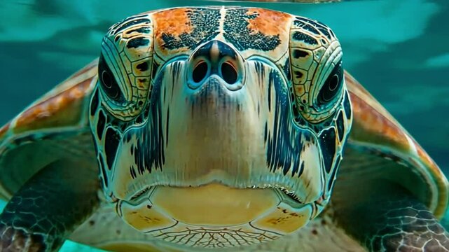 A vibrant portrait of a sea turtle showcases its textured shell and striking features. Concept of connection to marine ecosystems and the wonders of underwater wildlife.
