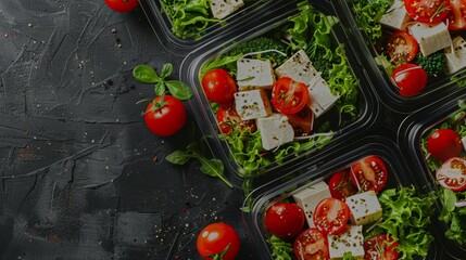 Healthy vegetable salad lunch boxes in plastic packaging for convenient diet takeaway meals