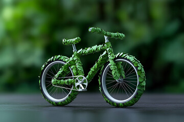Fototapeta premium A creatively designed bicycle made of green leaves, symbolizing eco-friendliness and sustainability in a lush, natural backdrop.
